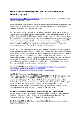 Refurbished Medical Equipment Market to Witness Robust Expansion by 2028