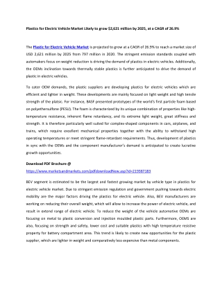 Plastics for Electric Vehicle Market Likely to grow $2,621 million by 2025, at a