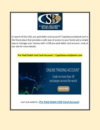 Pre Paid Debit Usd Card Account | Capitalsecuritybank.com