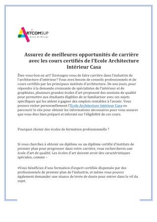 Assurez de meilleures opportunités de carrière avec les cours certifiés de l’Ecole Architecture Intérieur Casa