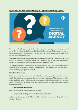 Questions To Ask Before Hiring a Digital Marketing Agency