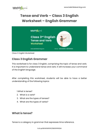 Tense and Verb - Class 3 English Worksheet - English Grammar