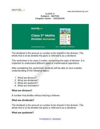 Division - Worksheet for Class 3 Maths - Maths Excercise