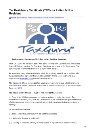 taxguru.in-Tax Residency Certificate TRC for Indian  Non Resident