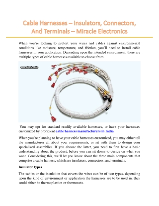 Cable Harnesses – Insulators, Connectors, And Terminals – Miracle Electronics