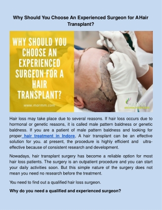 Why Should You Choose An Experienced Surgeon for A Hair Transplant?