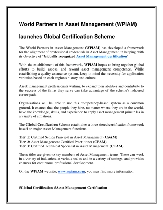 WPiAM launches Global Certification Scheme