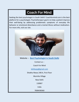 Best Psychologist in South Delhi | Coachformind.com