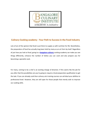 Culinary Course in Bangalore