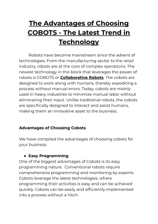 The Advantages of Choosing COBOTS - The Latest Trend in Technology