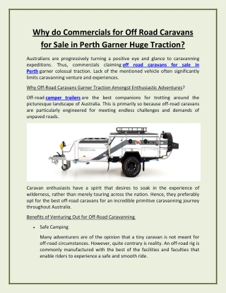Why do Commercials for Off Road Caravans for Sale in Perth Garner Huge Traction