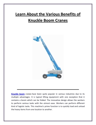 Learn About the Various Benefits of Knuckle Boom Cranes