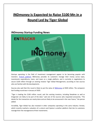 INDmoney is Expected to Raise $100 Mn Led by Tiger Global