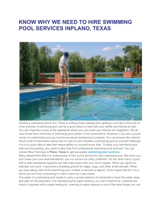 KNOW WHY WE NEED TO HIRE SWIMMING POOL SERVICES INPLANO, TEXAS