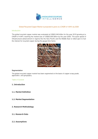 Global Recycled Copper Market is projected to grow at a CAGR of 4.84% by 2026