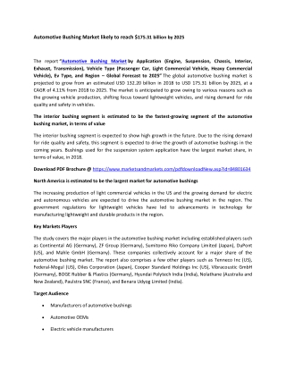 Automotive Bushing Market likely to reach $175.31 billion by 2025