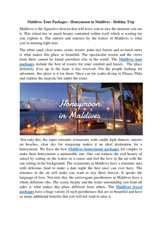 Maldives Holiday Packages - Honeymoon Trip - Maldives Tour Planner