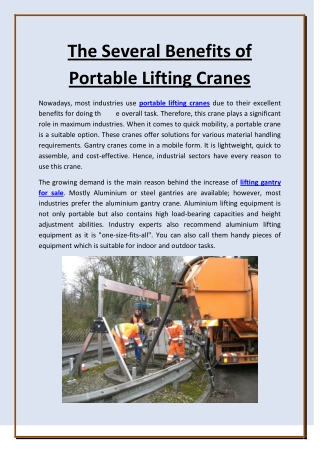 The Several Benefits of Portable Lifting Cranes