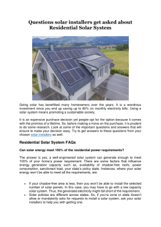 Questions solar installers get asked about Residential Solar System