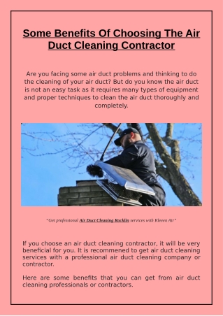 Some Benefits Of Choosing The Air Duct Cleaning Contractor