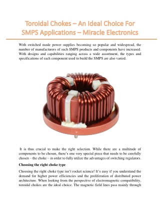 Toroidal Chokes – An Ideal Choice For SMPS Applications – Miracle Electronics