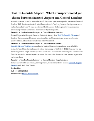 Taxi To Gatwick Airport _ Which transport should you choose between Stansted Airport and Central London_