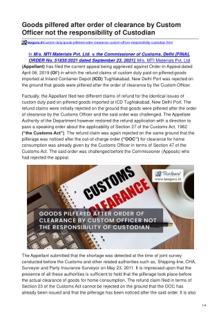 taxguru.in-Goods pilfered after order of clearance by Custom Officer not the responsibility of Custodian-converted