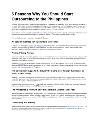 5 Reasons Why You Should Start Outsourcing to the Philippines