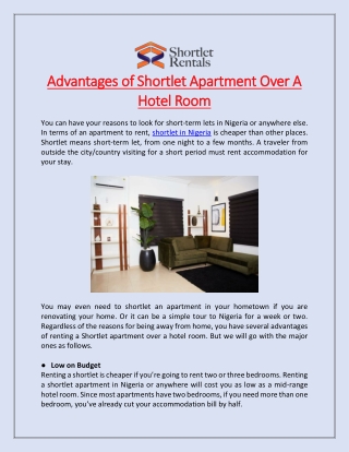 Advantages of Shortlet Apartment Over A Hotel Room