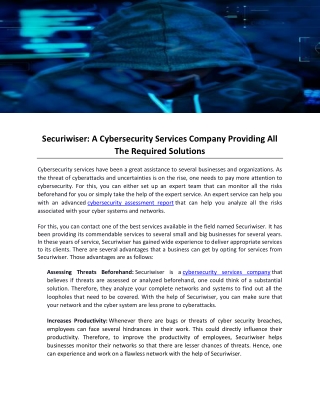 Securiwiser A Cybersecurity Services Company Providing All The Required Solutions