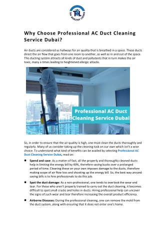 Why Choose Professional AC Duct Cleaning Service Dubai?