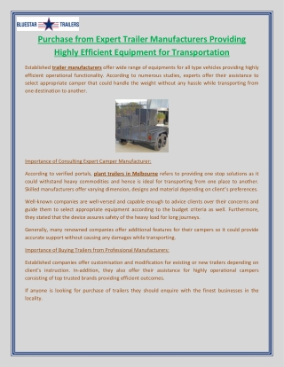 Purchase from Expert Trailer Manufacturers Providing Highly Efficient Equipment for Transportation