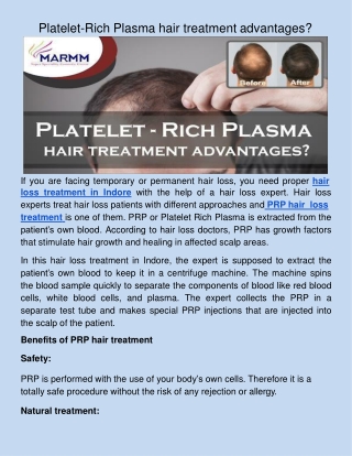 Platelet-Rich Plasma hair treatment advantages