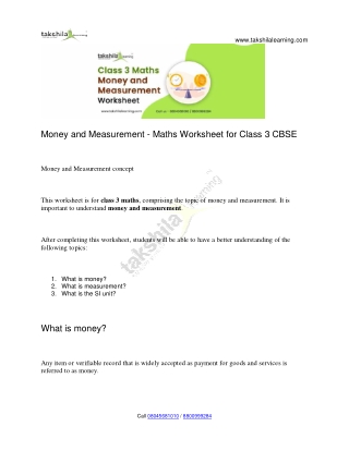 Money and Measurement Concept- Maths Worksheet for Class 3 - NCERT