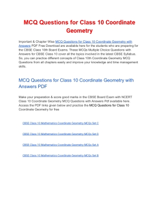 MCQs Class 10 Coordinate Geometry with Answers PDF Download