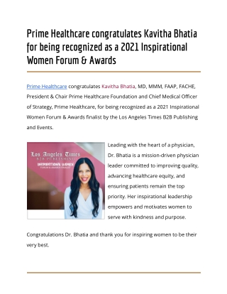 Prime Healthcare congratulates Kavitha Bhatia for being recognized as a 2021 Inspirational Women