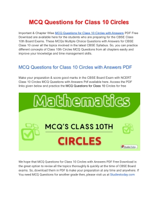 MCQs Class 10 Circles with Answers PDF Download