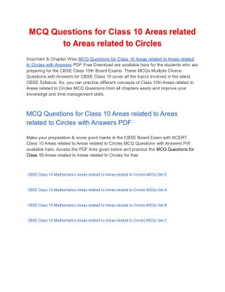 MCQs Class 10 Areas related to Circles with Answers PDF Download