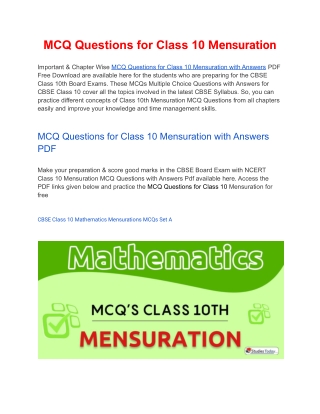MCQs Class 10 Mensuration with Answers PDF Download