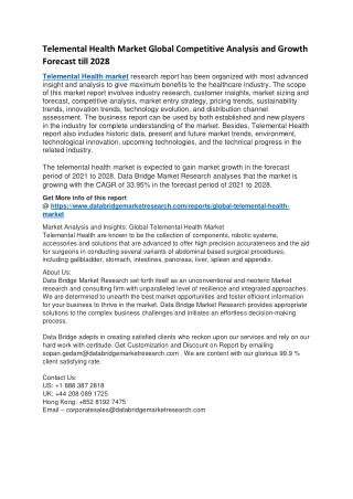 Telemental Health Market Global Competitive Analysis and Growth Forecast till 2028