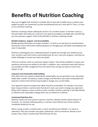 Benefits of Nutrition Coaching