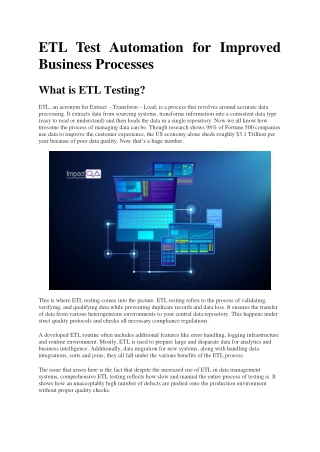ETL Test Automation for Improved Business Processes