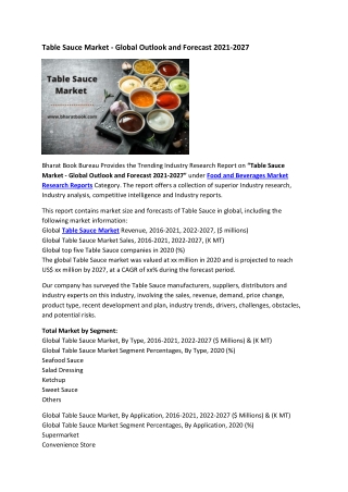 Table Sauce Market - Global Outlook and Forecast 2021-2027