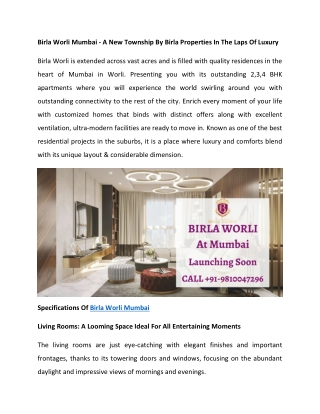 Birla Worli Mumbai - A New Township By Birla Properties In The Laps Of Luxury