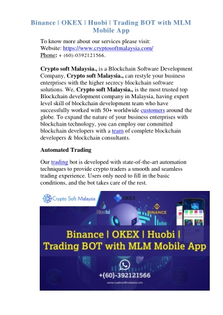 Binance  OKEX  Huobi  Trading BOT with MLM Mobile App