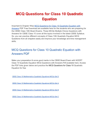 MCQs Class 10 Quadratic Equation with Answers PDF Download