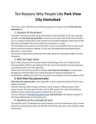 Ten Reasons Why People Like Park View City Islamabad