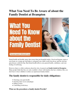 What You Need To Be Aware of about the Family Dentist at Brampton