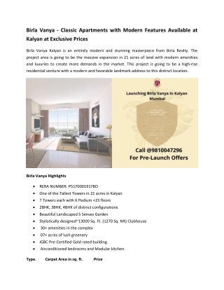 Birla Vanya - Classic Apartments with Modern Features Available at Kalyan Mumbai