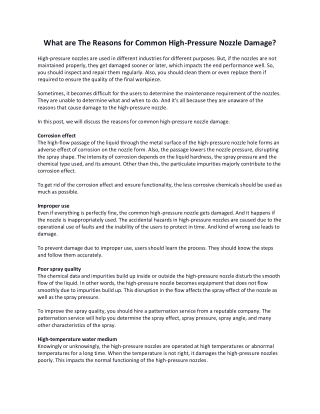What are The Reasons for Common High Pressure Nozzle Damage